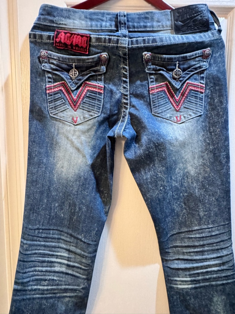 Affliction Women's Dark Blue Bootcut Jeans with Pink Pocket Embroidery